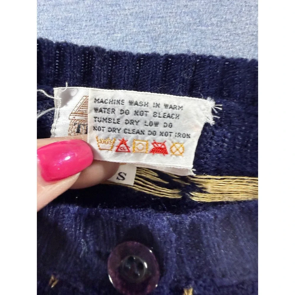 Vintage 80s The Import Workshop Bird Novelty Cardigan Sweater Navy Blue Small